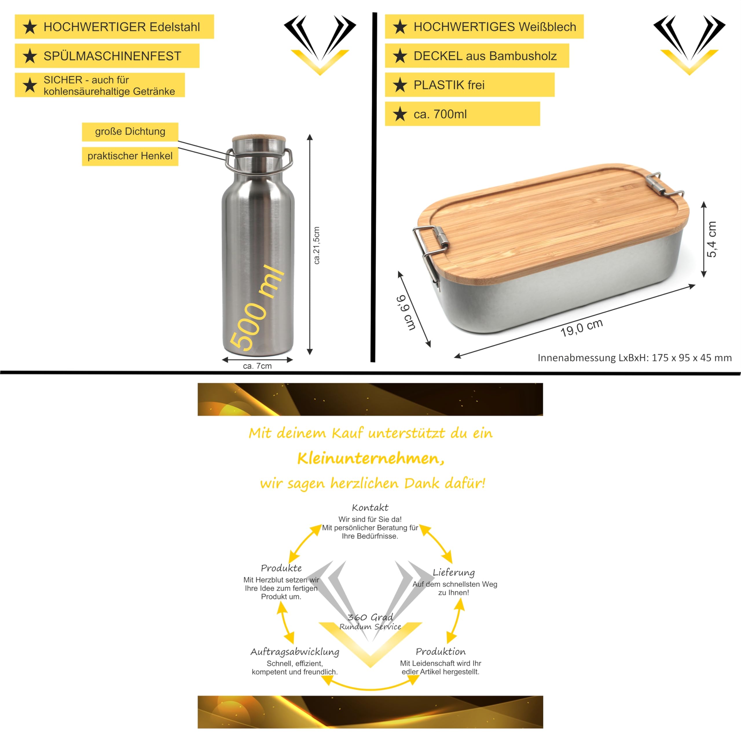 Brotdose und Trinkflasche personalisiert, Brotdose Kinder personalisiert, Trinkflasche personalisiert, Lunchbox Trinkflasche mit Namen, Pausen - Set (Flasche 500 ml, Lunchbox Weissblech 700 ml)