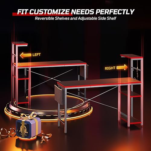 Miniatura 4 de Bestier Gaming Desk with Power Outlets, 61 Inch Large Led Gamer Desk with 4 Tiers Reversible Shelves, PC Gaming Table with Headset Hook & Side Fibra