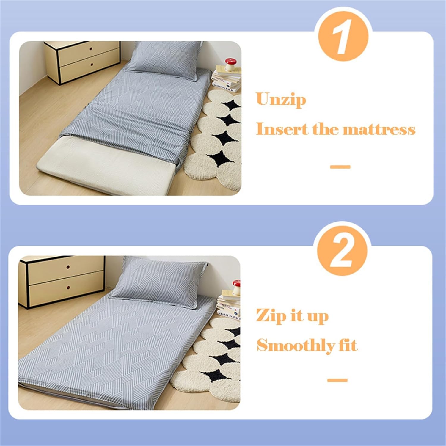 Japanese Zippered Futon Covers, Japanese Floor Mattress Cover, Cotton Soft Tatami Mattress Futon Slipcovers with Zipper, Machine Washable(Curved Lines,135x200cm/53x79in)
