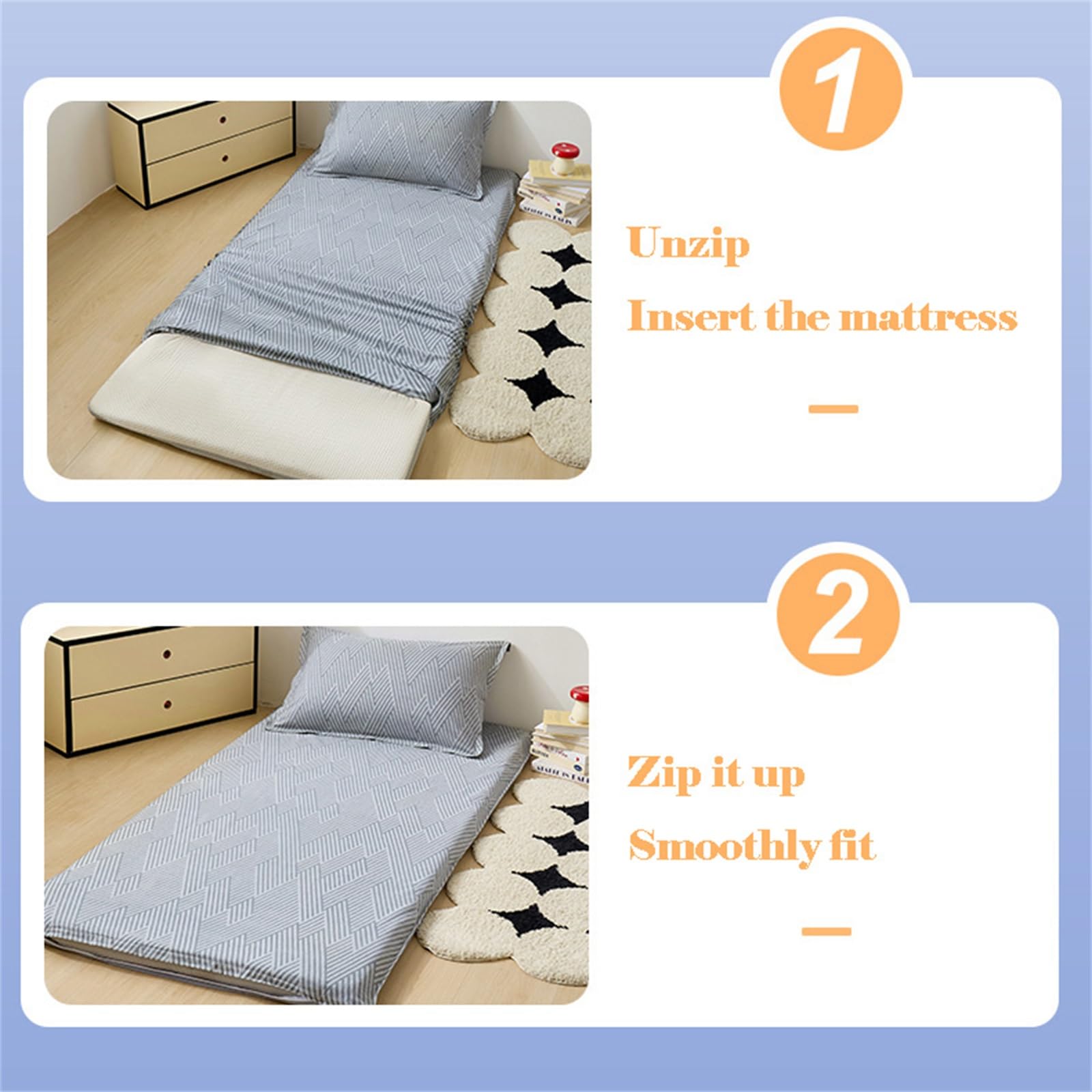 Japońskie Pokrowce Na Futony Z Zamkiem Błyskawicznym, Japońskie Pokrowce Na Materace Podłogowe, Bawełniane, Miękkie Futon Tatami Z Zamkiem Błyskawicznym(Striped blue,160x210cm/63x83in)
