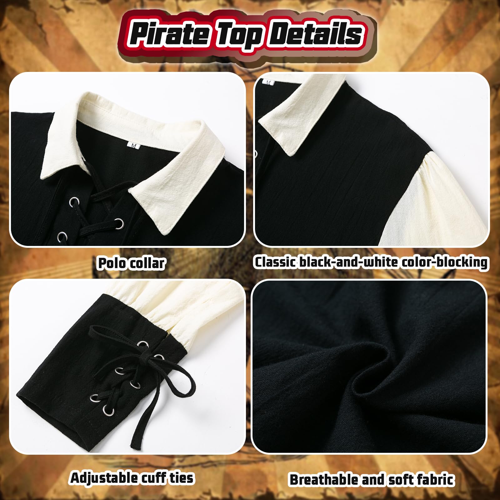 LPFNSF Men's Pirate Costume 6 Piece Set, Renaissance Shirt with Vest and Viking Pants for Halloween Pirate Festival, Cosplay (M) - Image 4