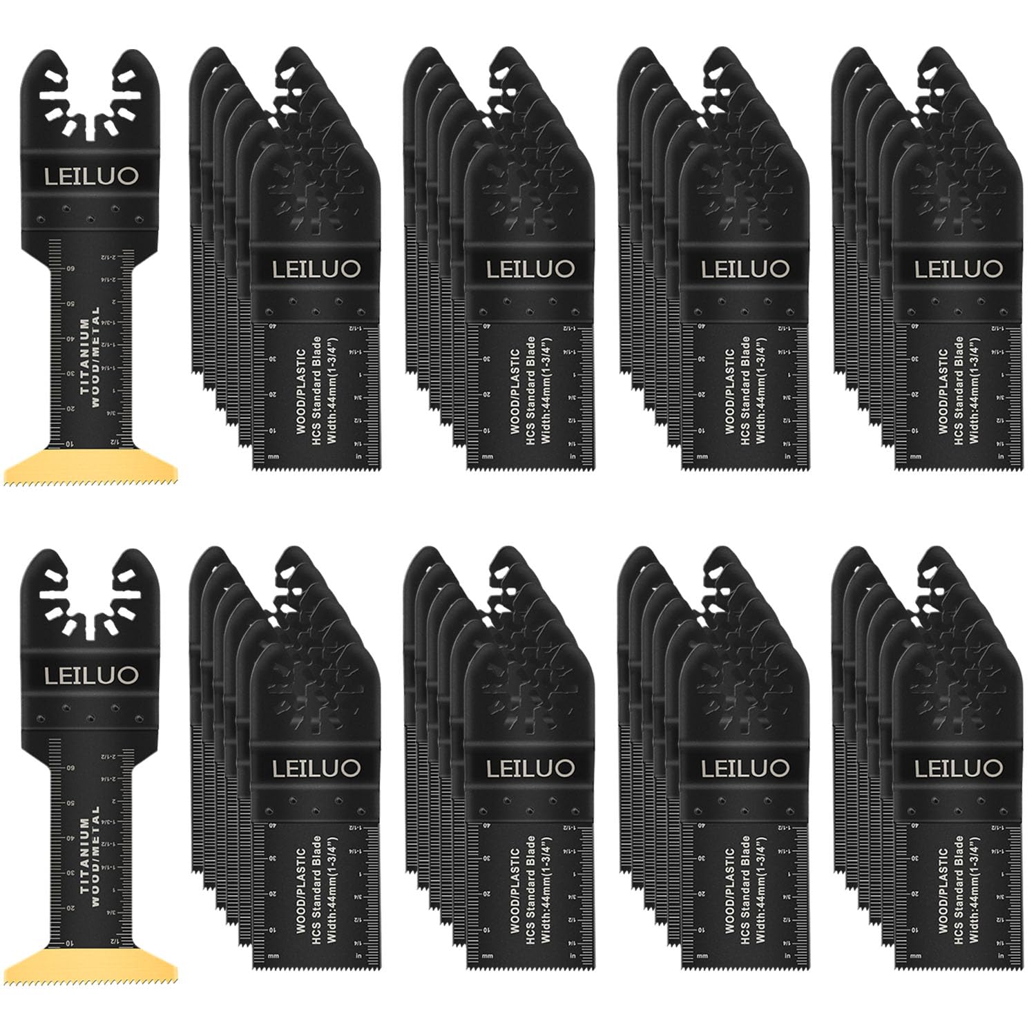 LEILUO Kit di 50 lame oscillanti in titanio extra lunghe per seghe oscillanti per chiodi in legno, cartongesso, accessori universali per utensili oscillanti con custodia per DeWalt Makita Milwaukee e