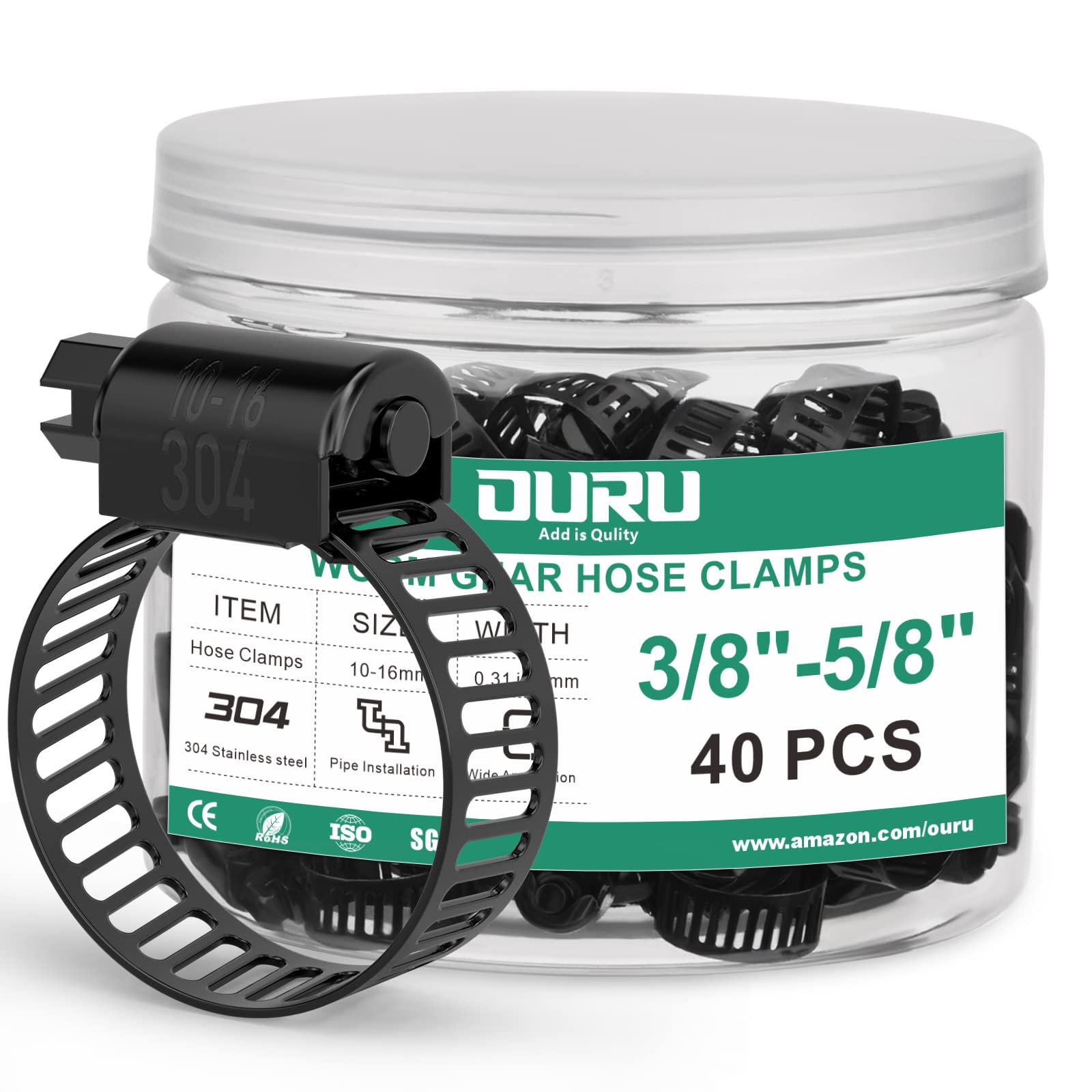 OURU 40PCS 3/8"-5/8 Black Hose Clamp,Adjustable 10-16mm Small Hose Clamps Stainless Steel,Metal Worm Gear Drive Hose Clamps for Automotive,Plumbing,