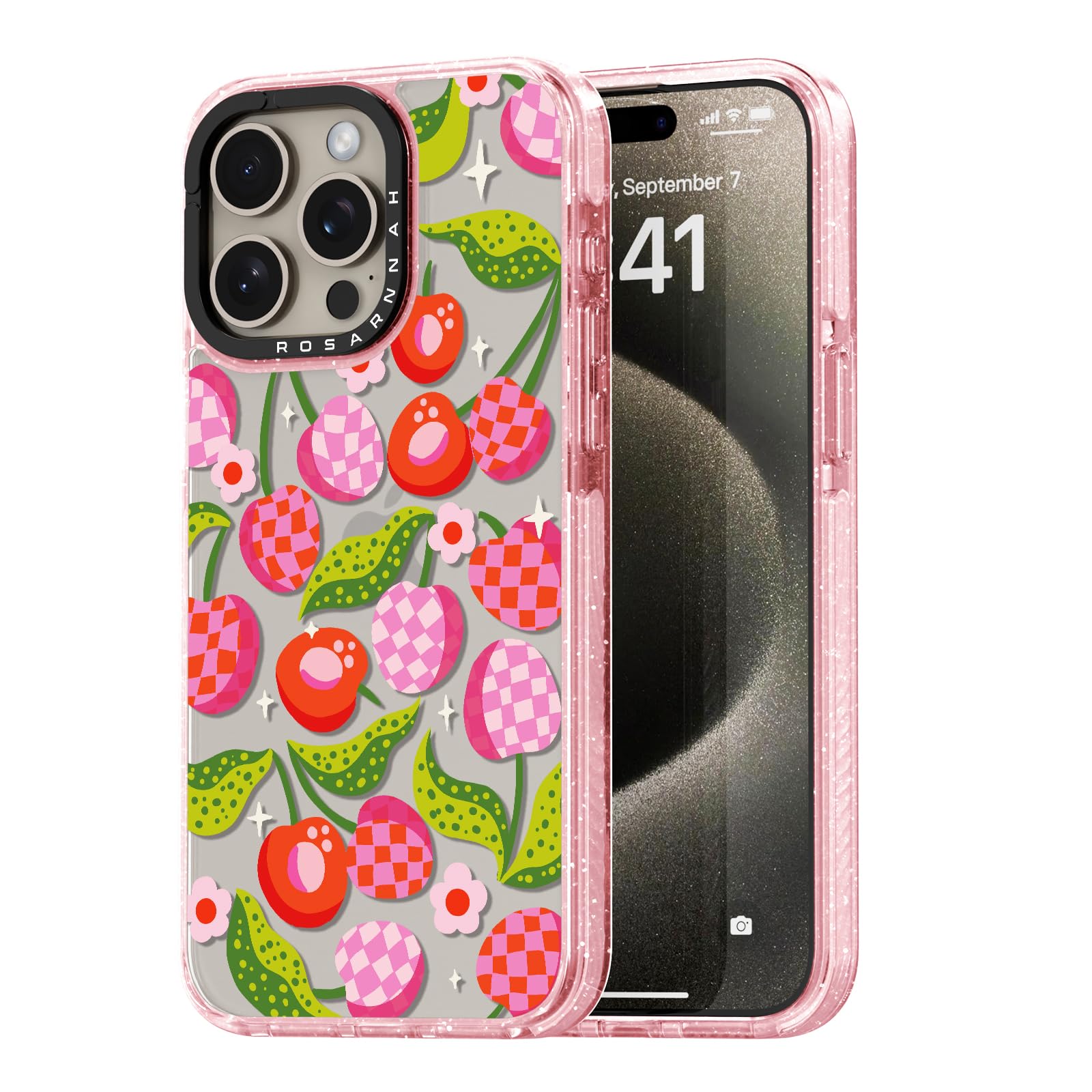 Rosarnnah for iPhone 15 Pro Max Case Cute - Durable Shockproof 6.6 ft Drop Impact Phone Case - Funny Plaid Cherry Design (6.7") Glitter Pink