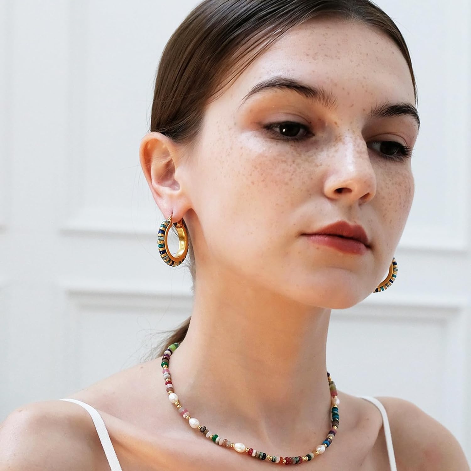 IBARA Vintage Turquoise Hoop Earrings for Women Natural Stone Earrings 18k Gold Plated Medium Hoop Earrings Bohemia Beads Gemstone Earrings Summer Beach Travel Hawaiian Dress Handmade Jewelry - Image 2