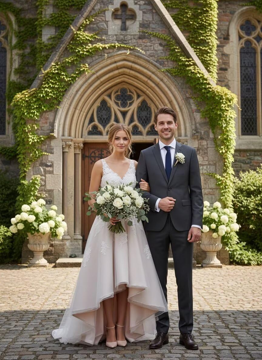 Robe de mariée midi en tulle pour mariée - Longueur du thé - Style bohème - Dentelle - Avec manches - Pour femme