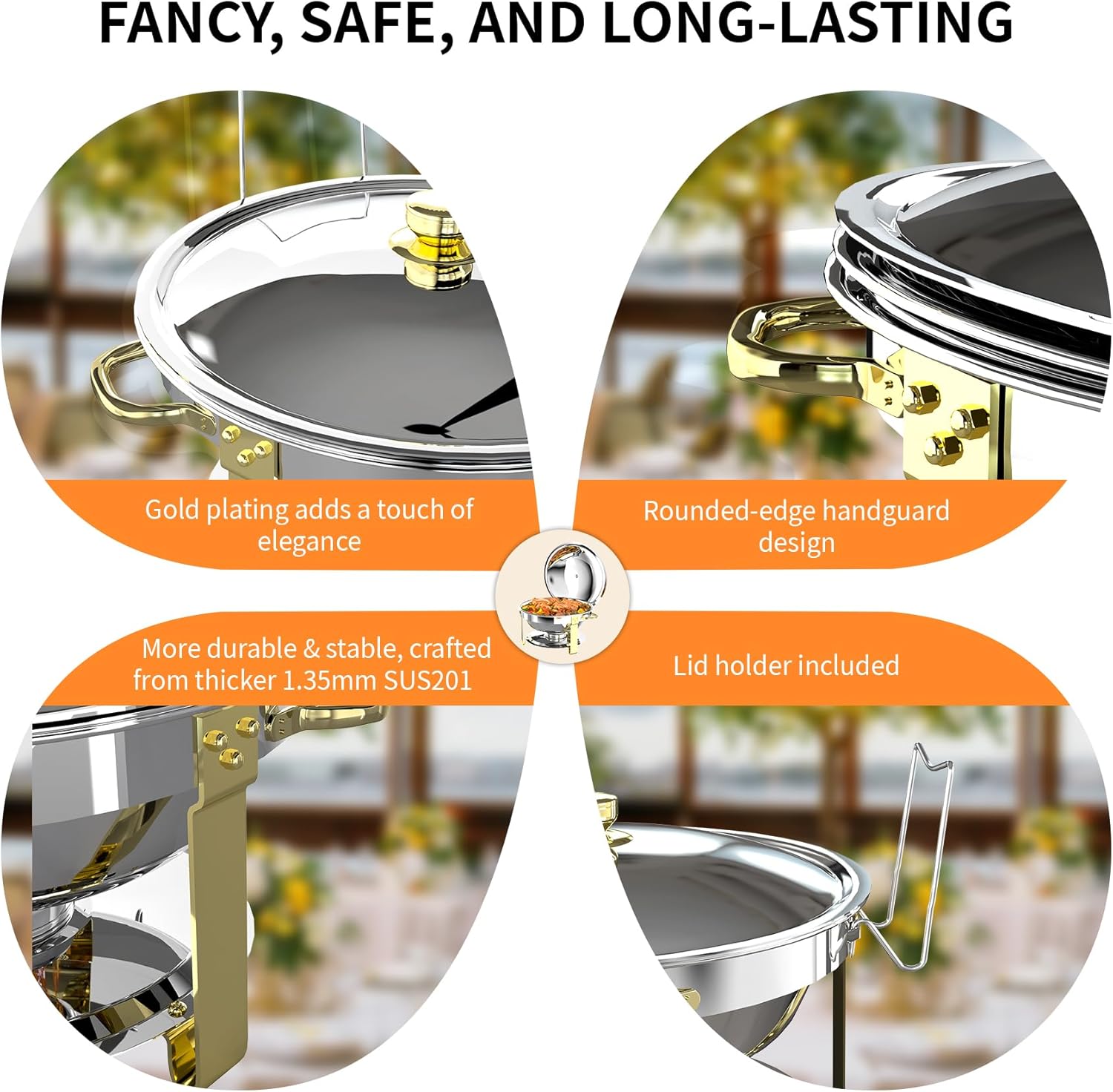 YLGJ&TIDY 5QT Round Stainless Steel Chafing Dishes for Buffet Set of 4 with Gold Finish, Food Warmers for Catering, Parties, Weddings - Includes Tongs & Spoons