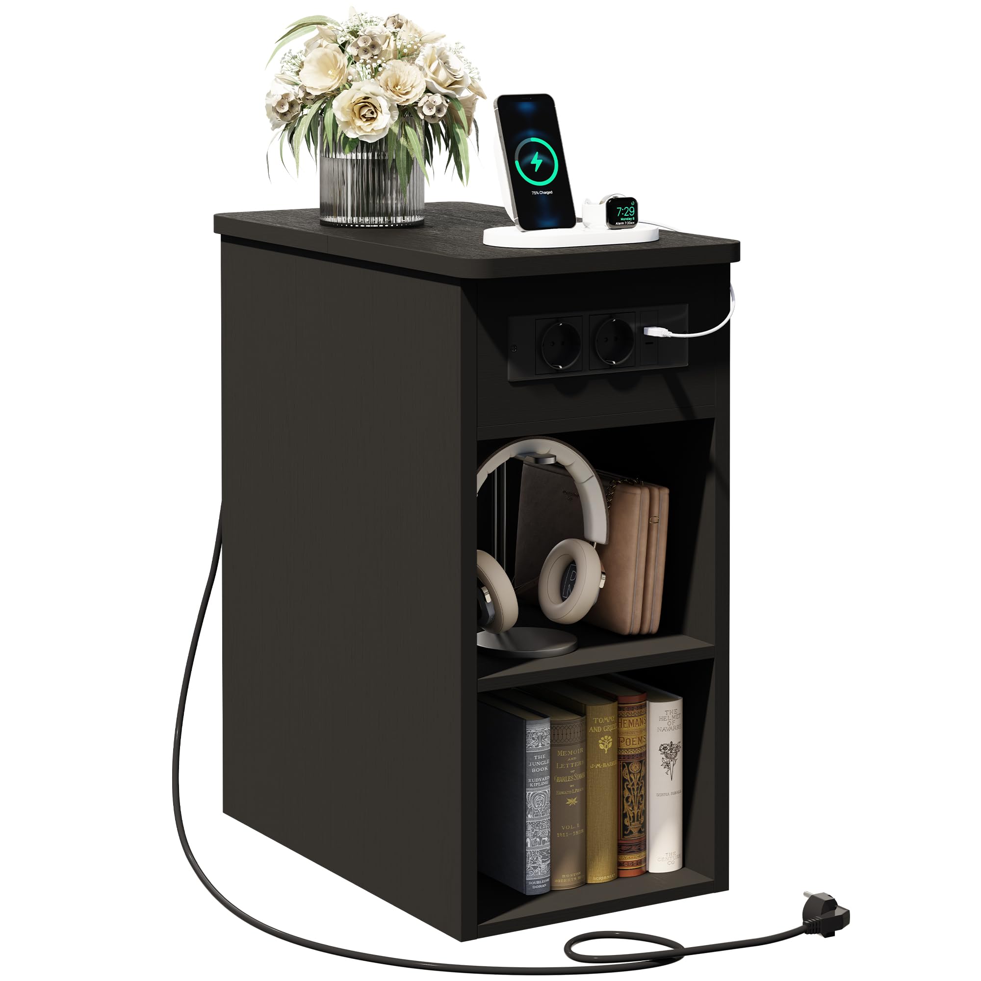 YOUDENOVA Comodini Camera da Letto, Comodino Stretto 30 cm, con Presa Elettrica Integrata, 2 Ripiani a Giorno e Vani Nascosti, Tavolino Salotto per Soggiorno Vamera da Letto, Nero