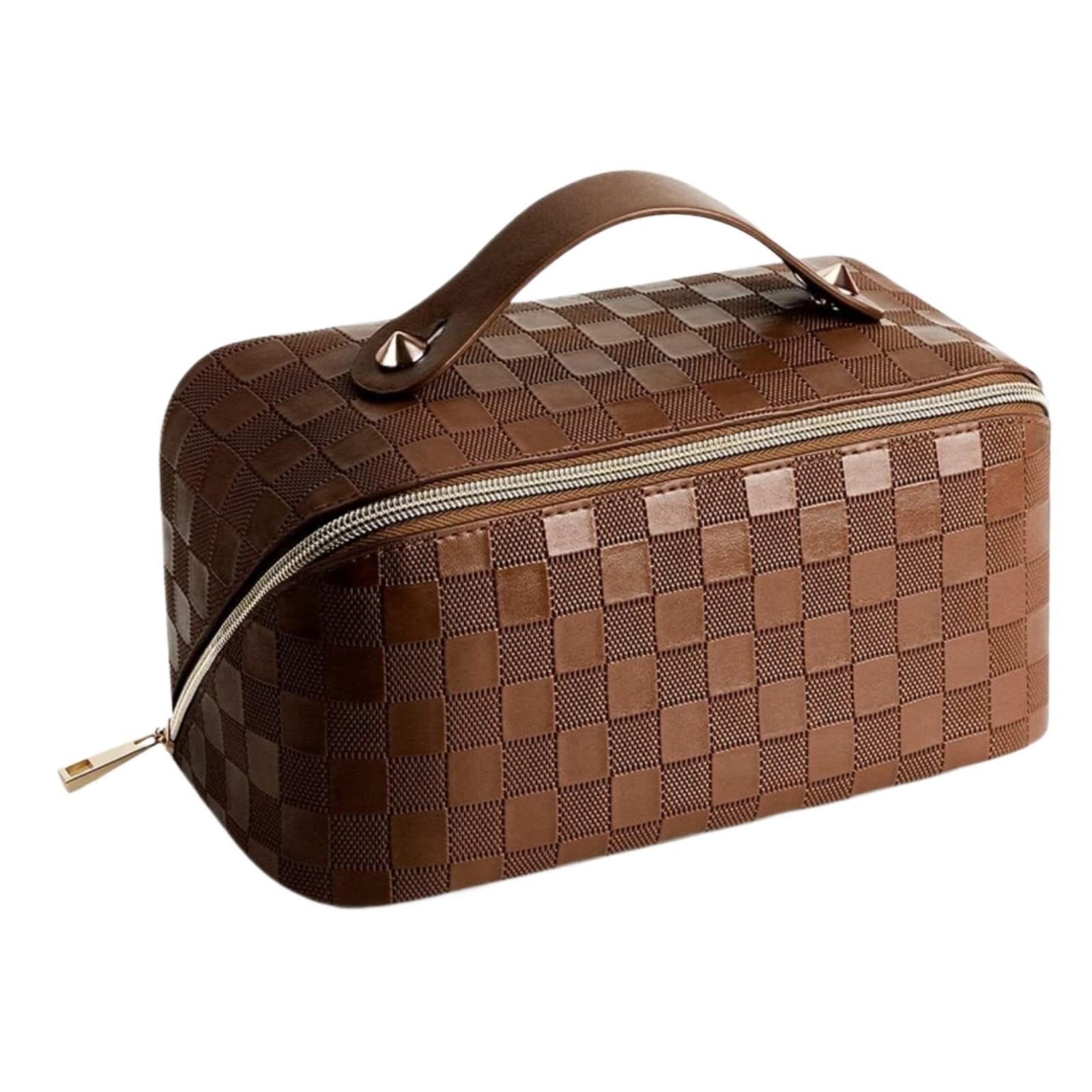 Kosmetiktasche Damen Reise-Kosmetiktasche, Kariertes Karo-Make-up-Tasche, Tragbares Leder Mit Griff Und Fächern Kulturbeutel(A)