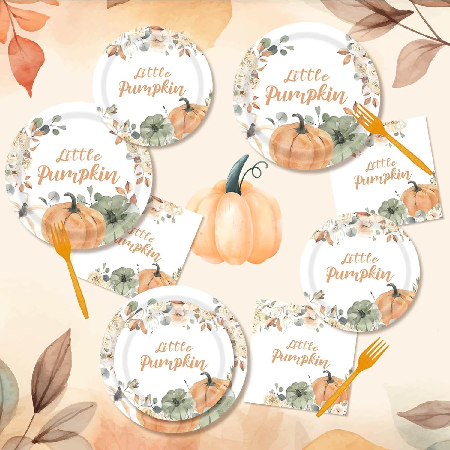 96 PCS Little Pumpkin Baby Shower Tableware Sets Party Decorations Fall Autumn Pumpkin Paper Plates Napkins Forks Pumpkin Floral Birthday Party Supplies for 24 Guests