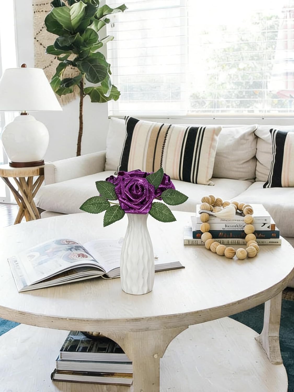 IPOPU Purple Glitter Roses Bouquet,30PCS Faux Sparkling Flowers 3.15" Artificial Roses with Stems for DIY Wedding Christmas Home Party Decor - Image 7