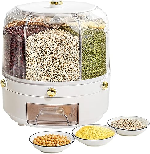 Dispensador de arroz y granos de 6 rejillas, 13.2 lbs13 libras, contenedor de almacenamiento de granos giratorio de 360, operación con un solo clic,