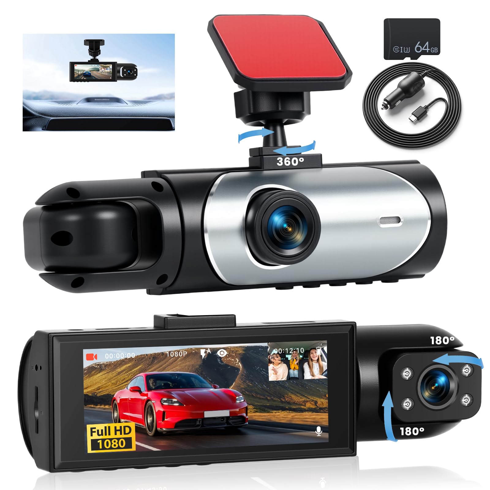 Dashcam Voiture Avant Intérieur avec 2 Canaux Dash Cam, 1080P 3.16" Écran, Camera Voiture Vision Nocturne,Enregistrement en Boucle, Détection de Mouvement, Carte SD 64G