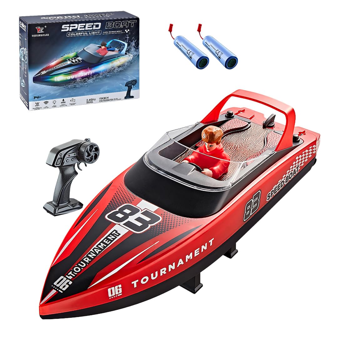 Lancha de velocidad LED RC para piscina, estanque y carreras de lago, barco de control remoto de 15 km/h, barco acuático con motores duales, modos de velocidad alta-baja para entusiastas de