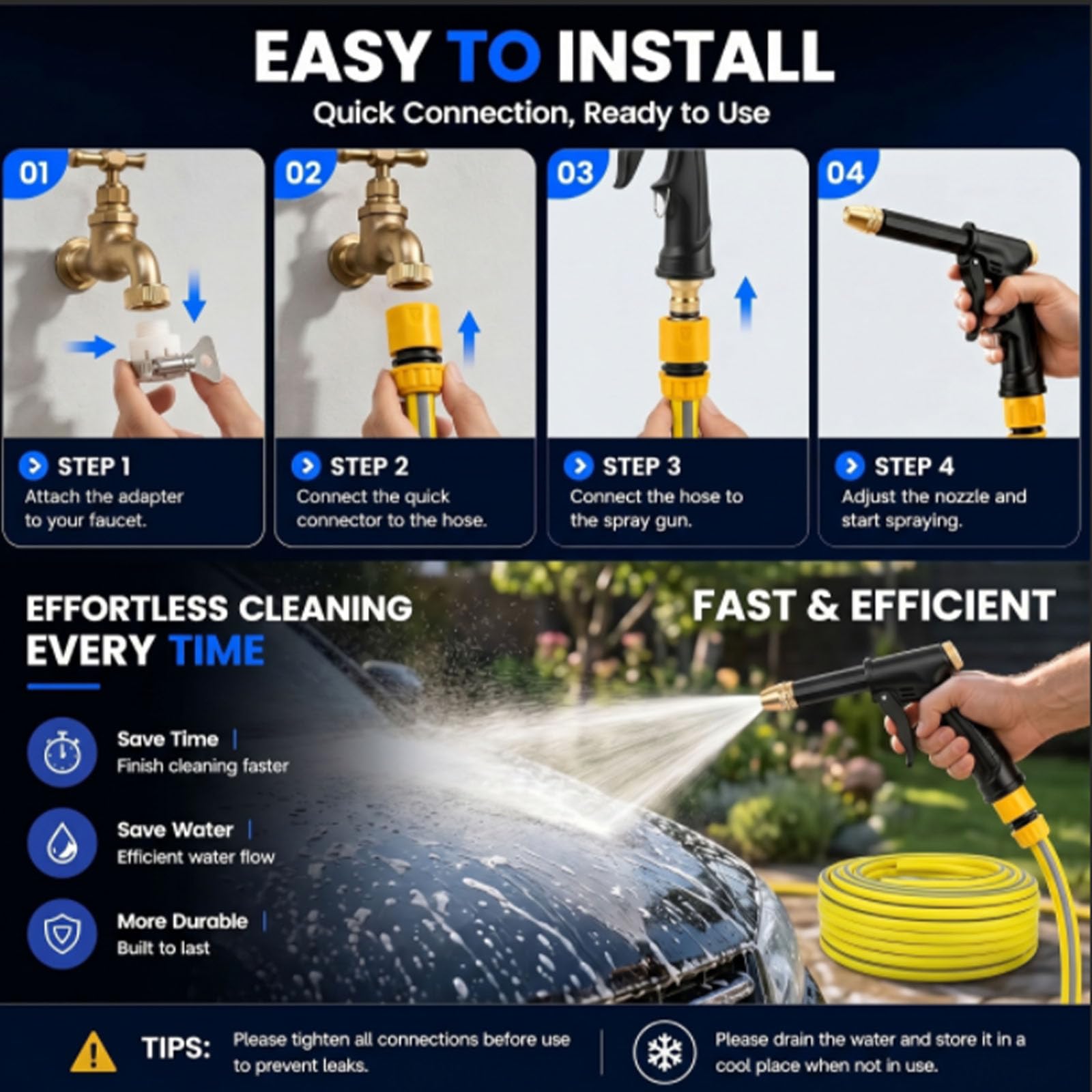 High Pressure Water Hose Nozzle, Adjustable Twist Hose Nozzle for Garden Hose, Car Wash Water Gun with Booster Nozzle, 3 Spray Patterns for Patio Plant Pet