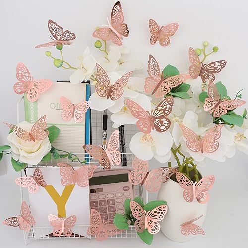 Miniatura 7 de 36 piezas de decoración de pared de mariposa, 3 estilos, 3 tamaños, mariposa de oro rosa 3D, decoración de boda y fiesta de cumpleaños, decoración