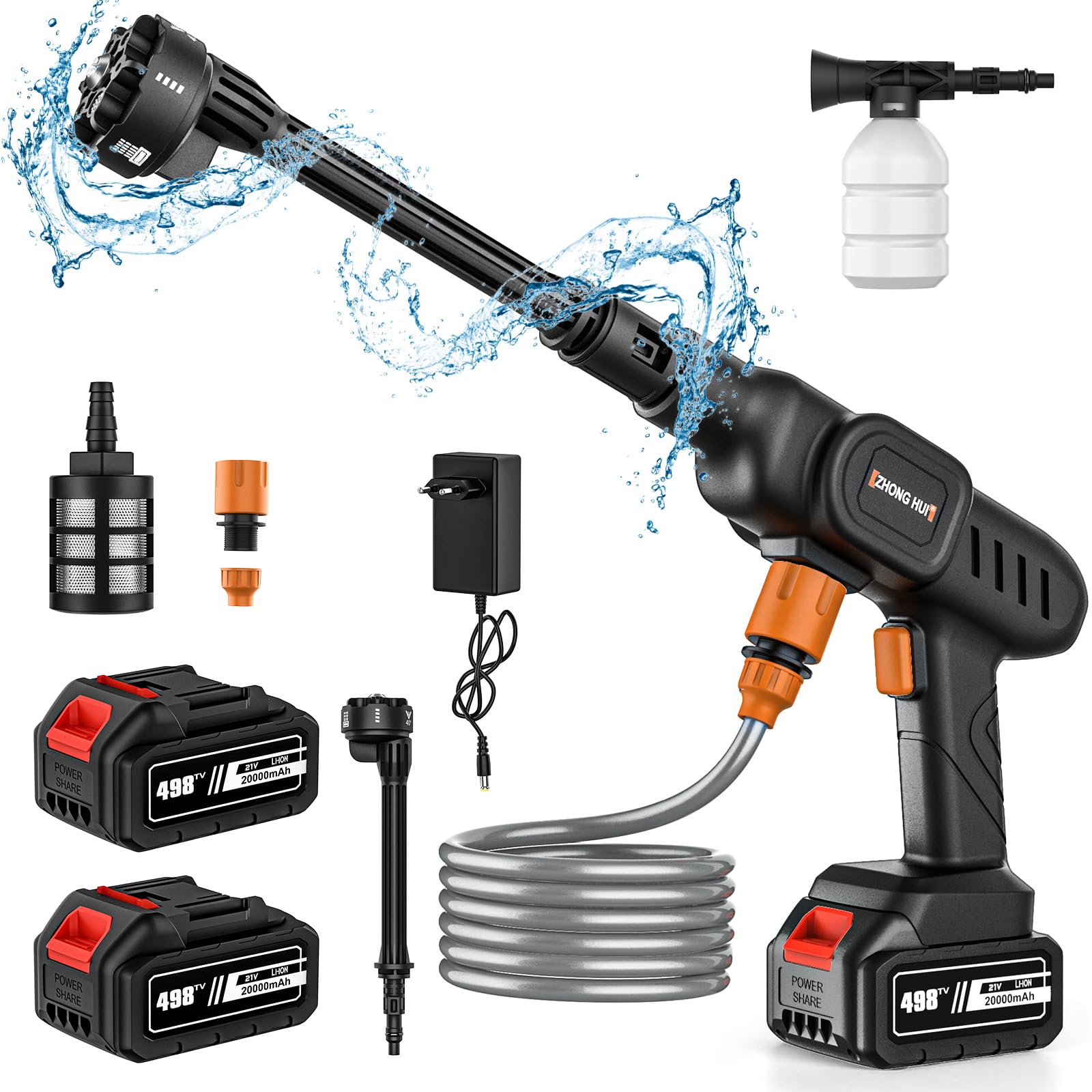 Nettoyeur Haute Pression sans Fil 6 en 1 21V 20000mah, Pistolet Lavage Voiture 40bar, Alimenté par Batterie Rechargeable Auto-AmorçAnt, pour Nettoyage Auto, Jardin, Usage Domestique (A)