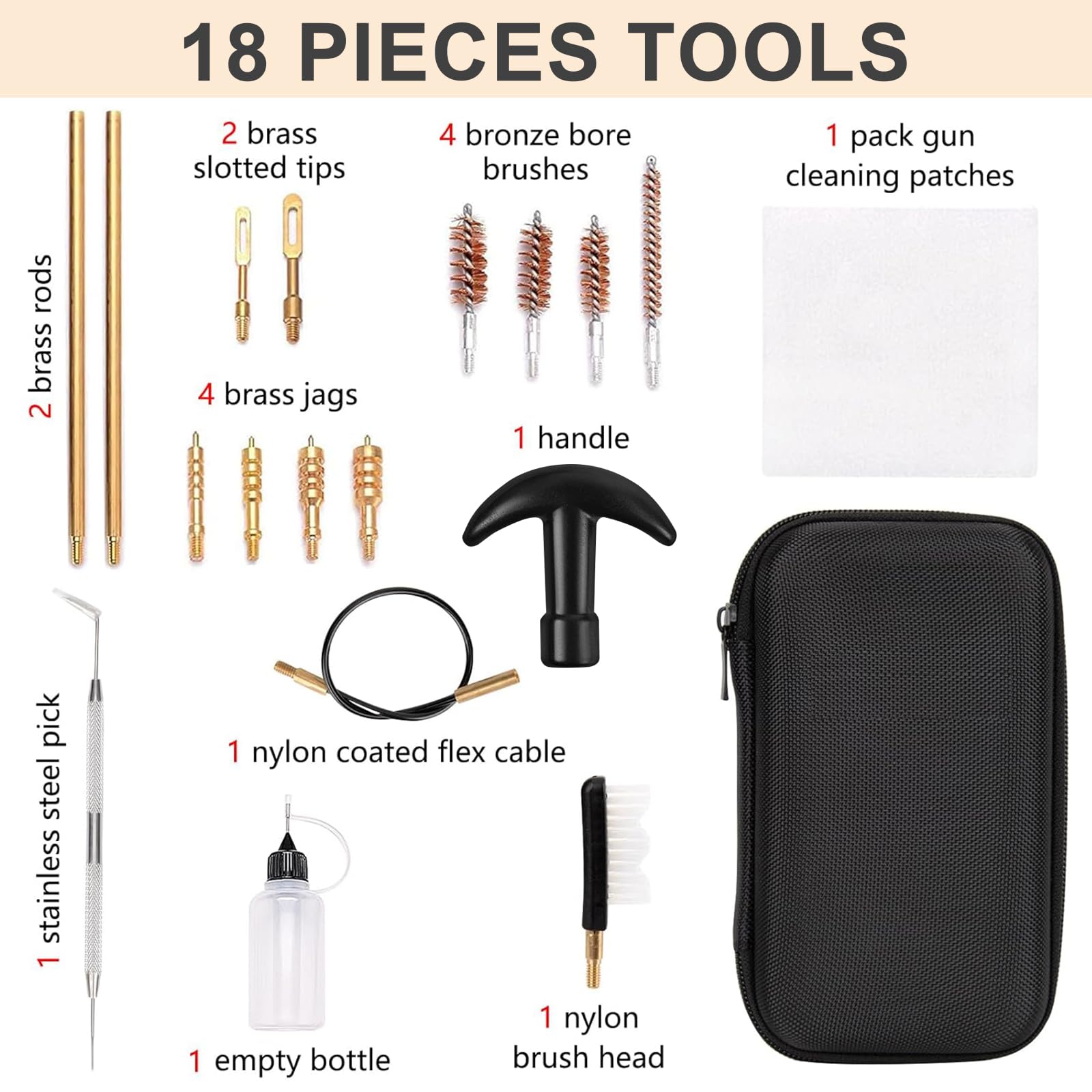 Kit Pulizia Armi Universale 16 Pezzi, Per Calibri .22 .357 .38 9mm .40 .45, Con Spazzole in Bronzo Fosforoso & Adattatori Ottone, Set di Pulizia per Pistole