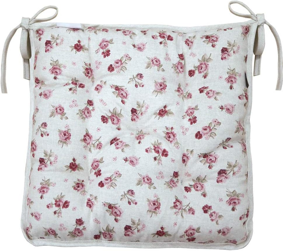 Provence Soft Cotton Floral Chair Cushion with Ties in French Country Style, 15'' x 15'', Red Rose