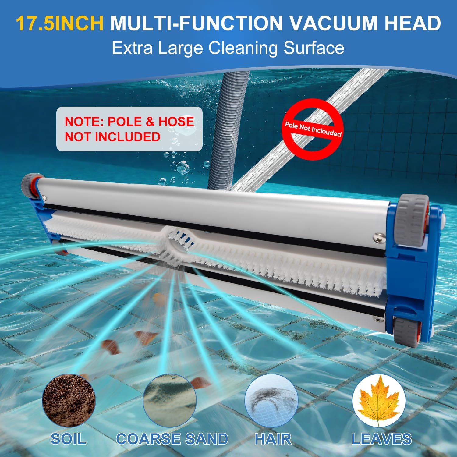 18" Commercial Grade Pool Vacuum Head, Extra-Wide & Weighted Heavy-Duty Vacuum Cleaner for Effortless, Fit for 1.5" Hose, Deep Cleaning The Large Inground Pools, Vinyl Liner Floor, Step, Corner