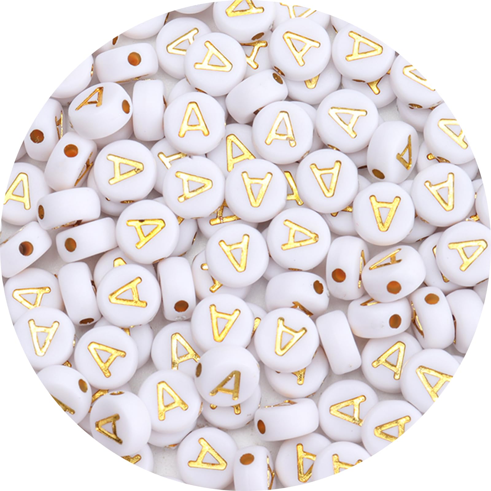 100 Pack White Round Letter Beads With Gold Alphabet - 4x7mm Acrylic For DIY Jewelry & Keychains