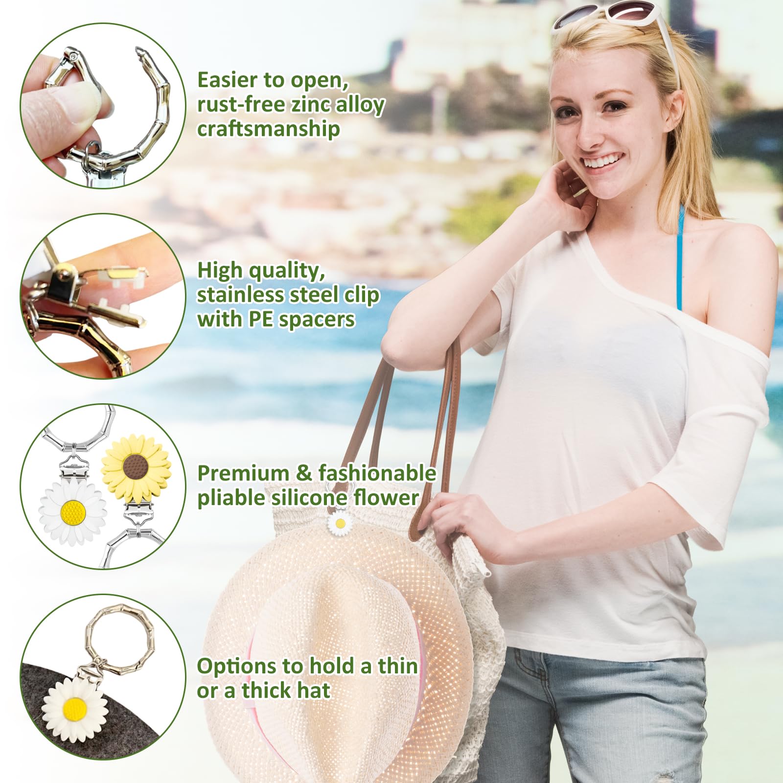 2 clips para sombreros para viajar en la bolsa: fija de forma segura los sombreros a bolsos, bolsos, equipaje, manos libres, evita pérdidas en la playa o salidas, Blanco, amarillo claro 5