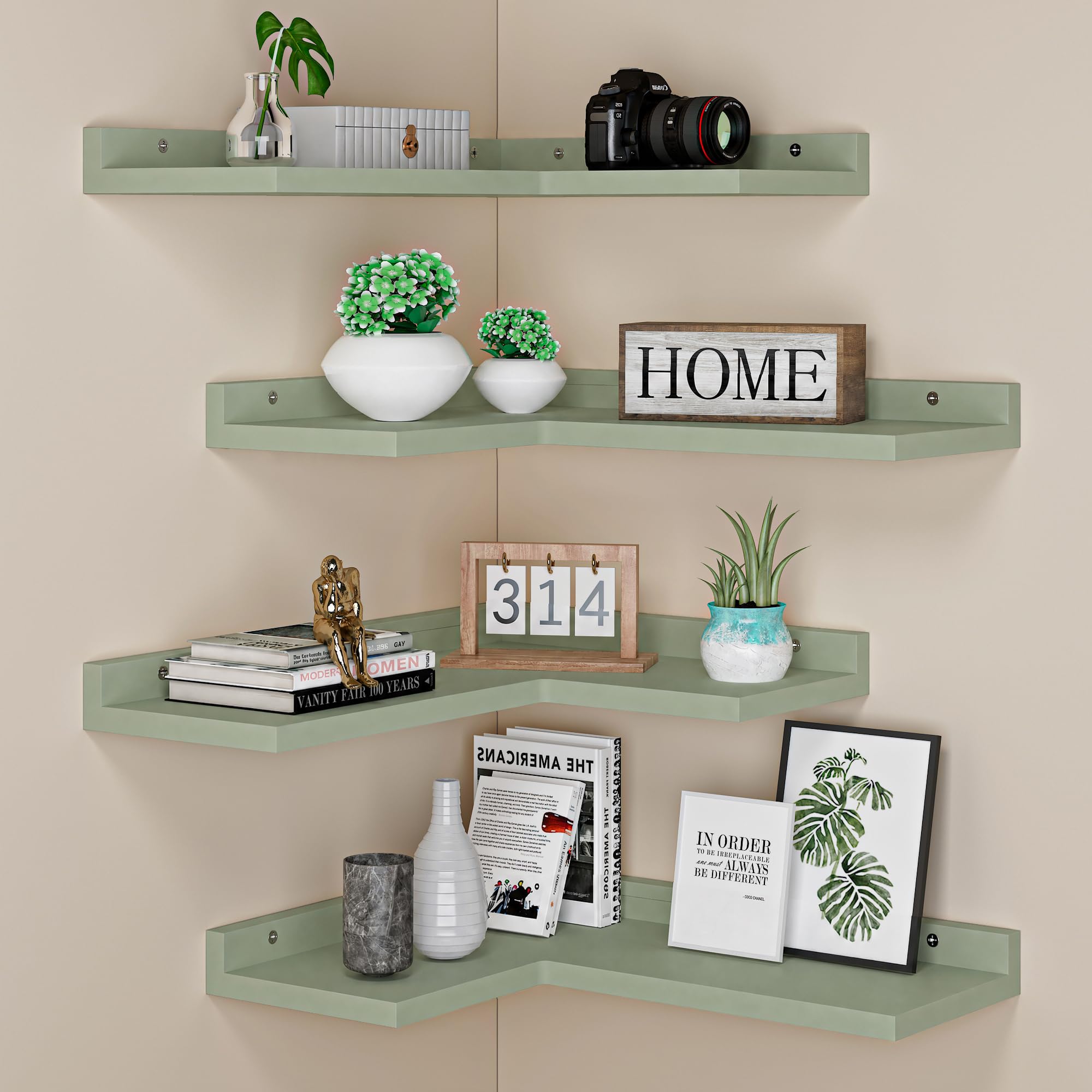 4 Tier Floating Corner Shelves Cyan Set of 4, Rustic Pine Wooden Floating Corner Wall Shelf for Wall Décor Storage, L Shaped Corner Shelf Wall Mount for Bedroom, Living Room, Bathroom, Kitchen