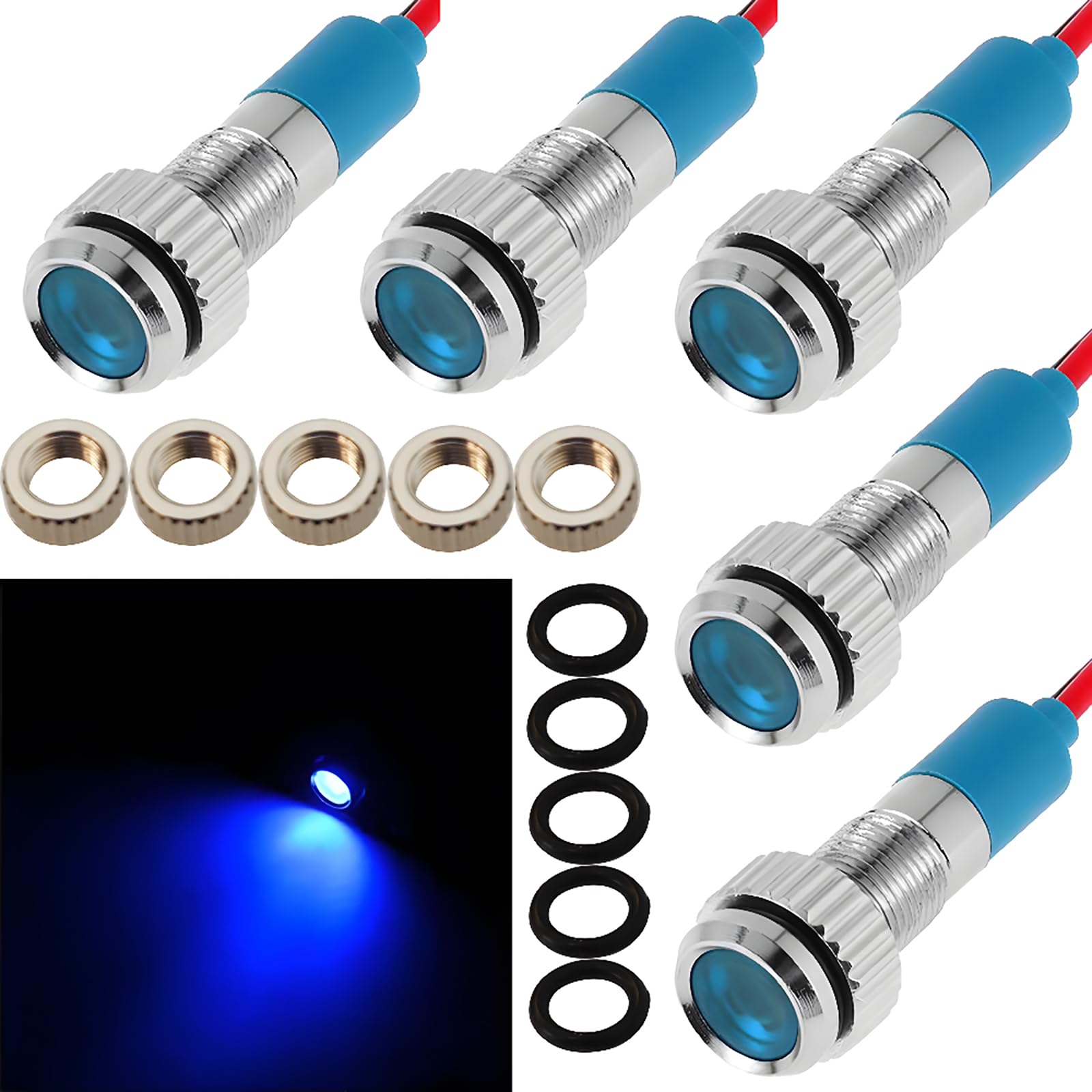 CESFONJER 5 szt. 6 mm 1/4 cala LED metalowa lampka kontrolna 12 V wodoodporna lampa sygnalizacyjna pilot deska rozdzielcza kierunkowa samochód ciężarówka, łódź z przewodem (kolor niebieski)