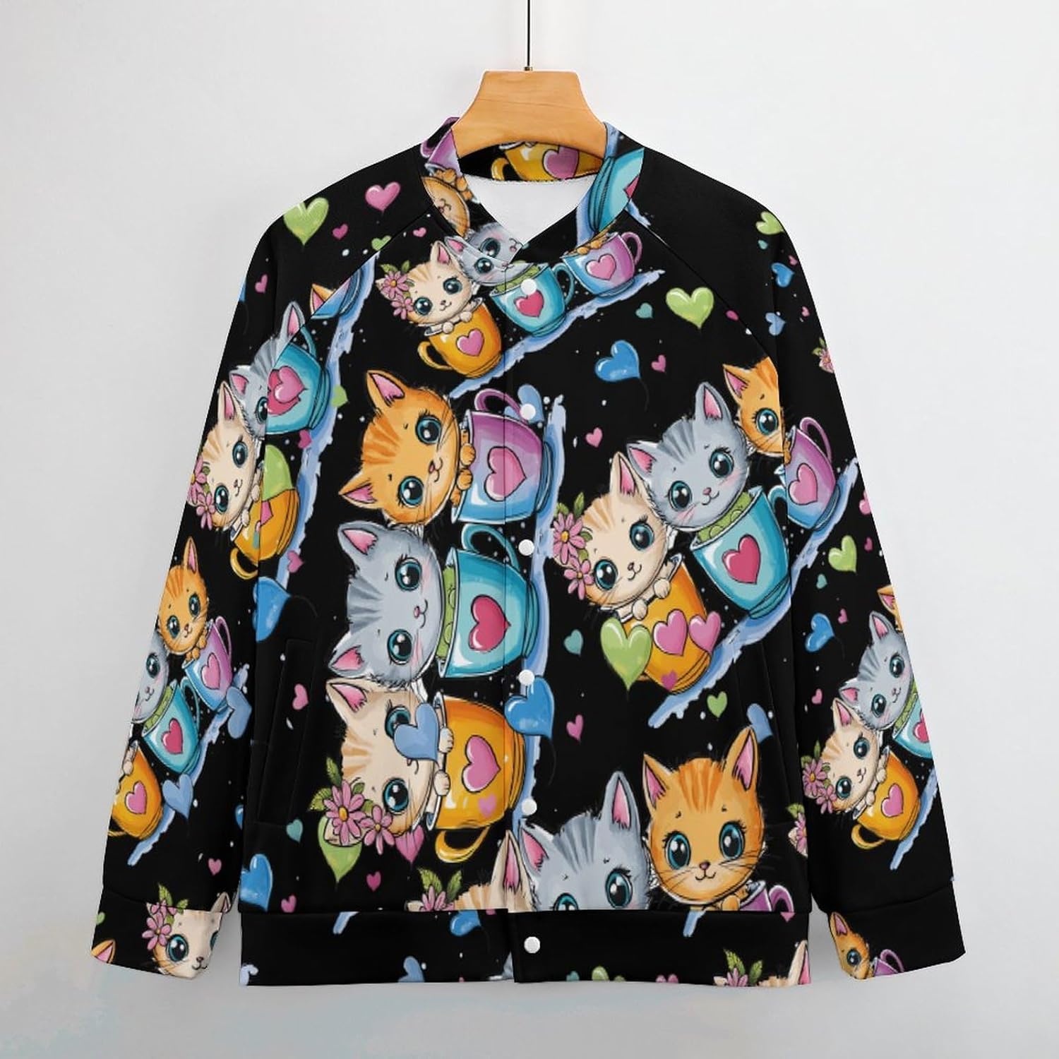 Teacup Cat Men's Baseball Jackets Lightweight Sweatshirts Sport Sweater Long Sleeve Coat with Pocket