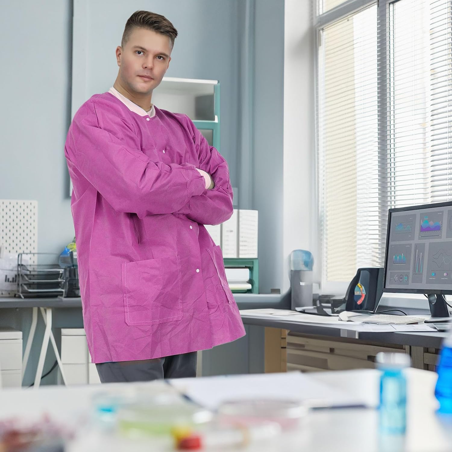 Omnia Dental Disposable Lab Coats | Durable SMS 45g Soft Knit Cuffs & Collar With 3 Pockets | Knee Length Medical Lab Coat