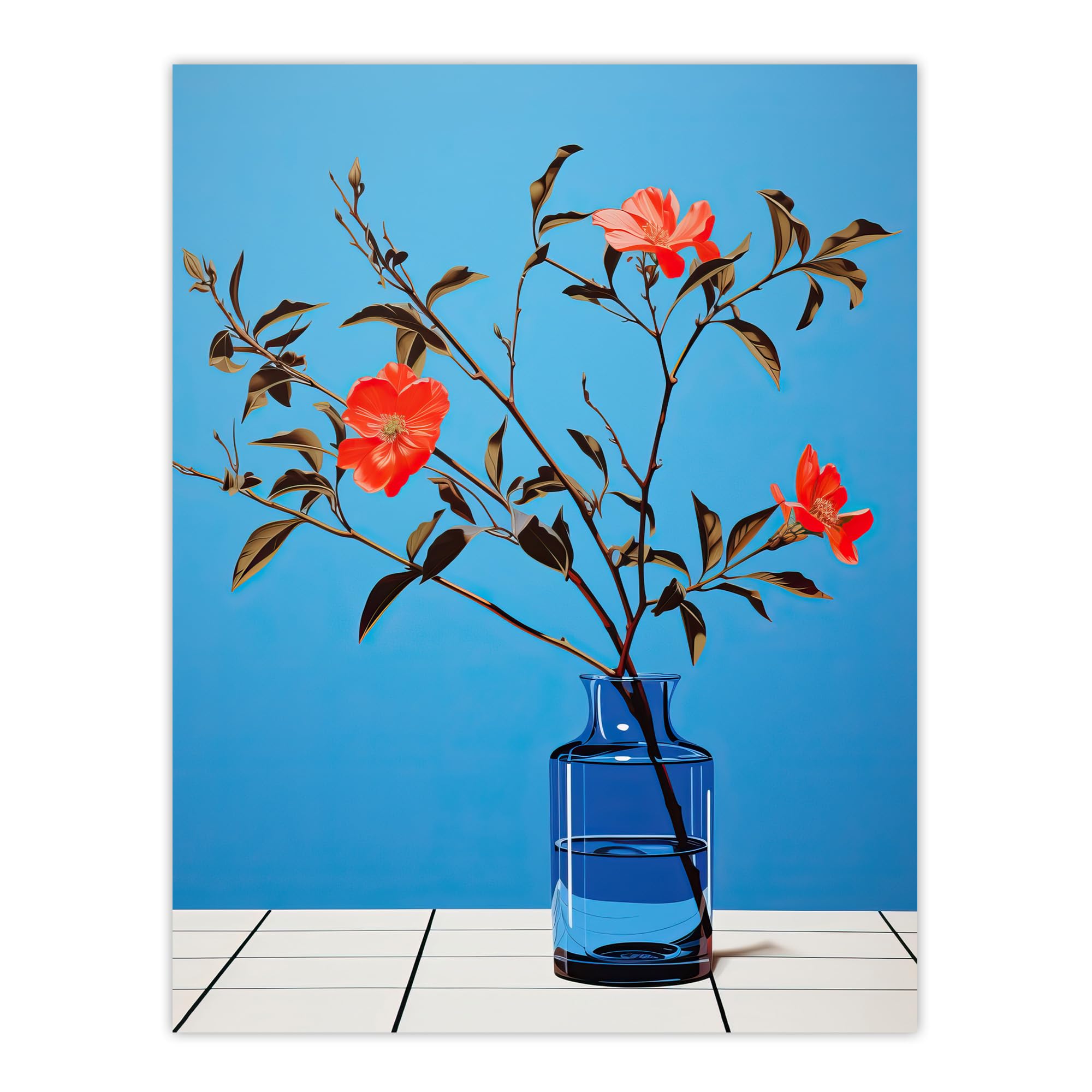 Wee Blue Coo Elegant Simplicity Red Flowers Blue Vase Large Wall Art Poster Print Thick Paper 18X24 Inch