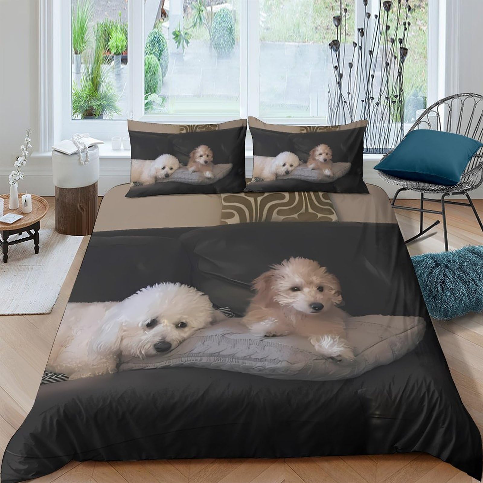 P5V6M1Q9 3D Printed Cute Puppy Duvet Cover Microfiber Soft Breathable Dog Pattern Bedding Set with 2 Pillowcases for Bedroom Home Decor, Single（135x200cm）