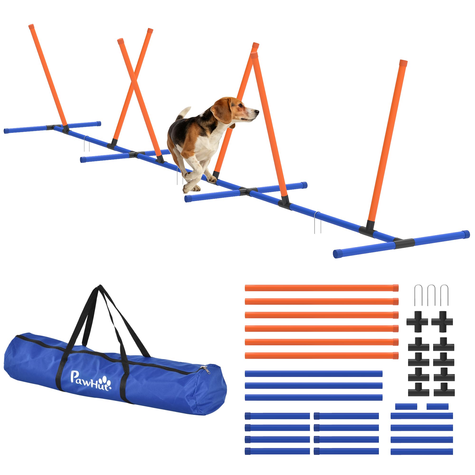 PawHut Adjustable Dog Agility Training Equipment, Dog Agility Course Backyard Set with Weaves Poles, Carry Bag and Ground Stakes for Pet Park Games Exercise