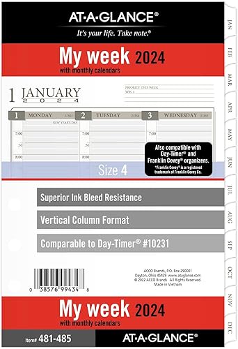 AT-A-GLANCE Recambio de planificador semanal y mensual 2024, 5-12 x 8-12 pulgadas, tamaño de escritorio, estilo columna, hojas sueltas (481-485-24)