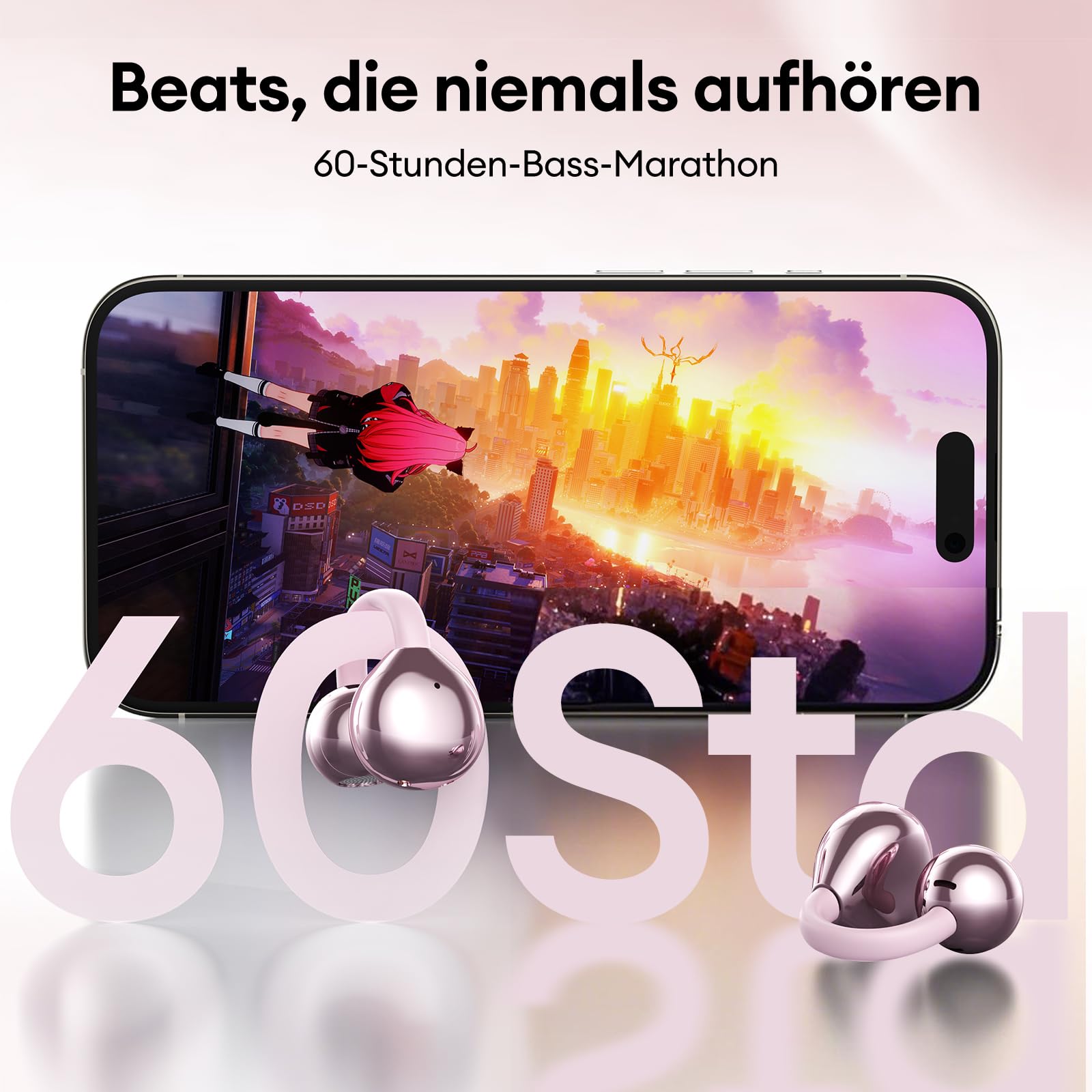 Clip On Schmuck Kopfhörer Open Ear Kopfhörer Kabellos Bluetooth 5.4 mit Intelligentem Touchscreen 4.1g Leichtgewicht Kopfhörer Sport, 60 Std Wireless Earbuds, M100 Schmetterling-Ohrring Rosa