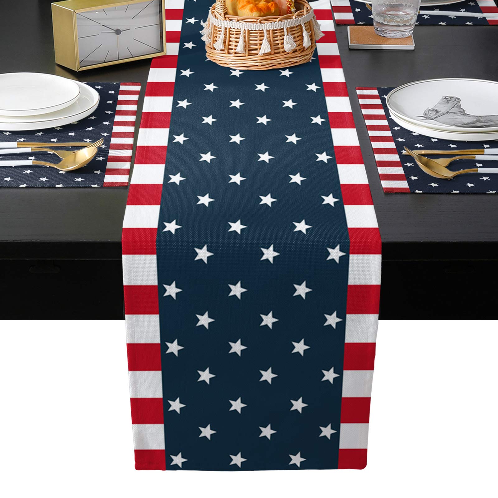 OneHoney 4th of July Independence Day Stars Table Runner and Placemats Set of 6,Washable Table Mats for Wedding Farmhouse Holiday Dining Table Red and White Border Blue Back