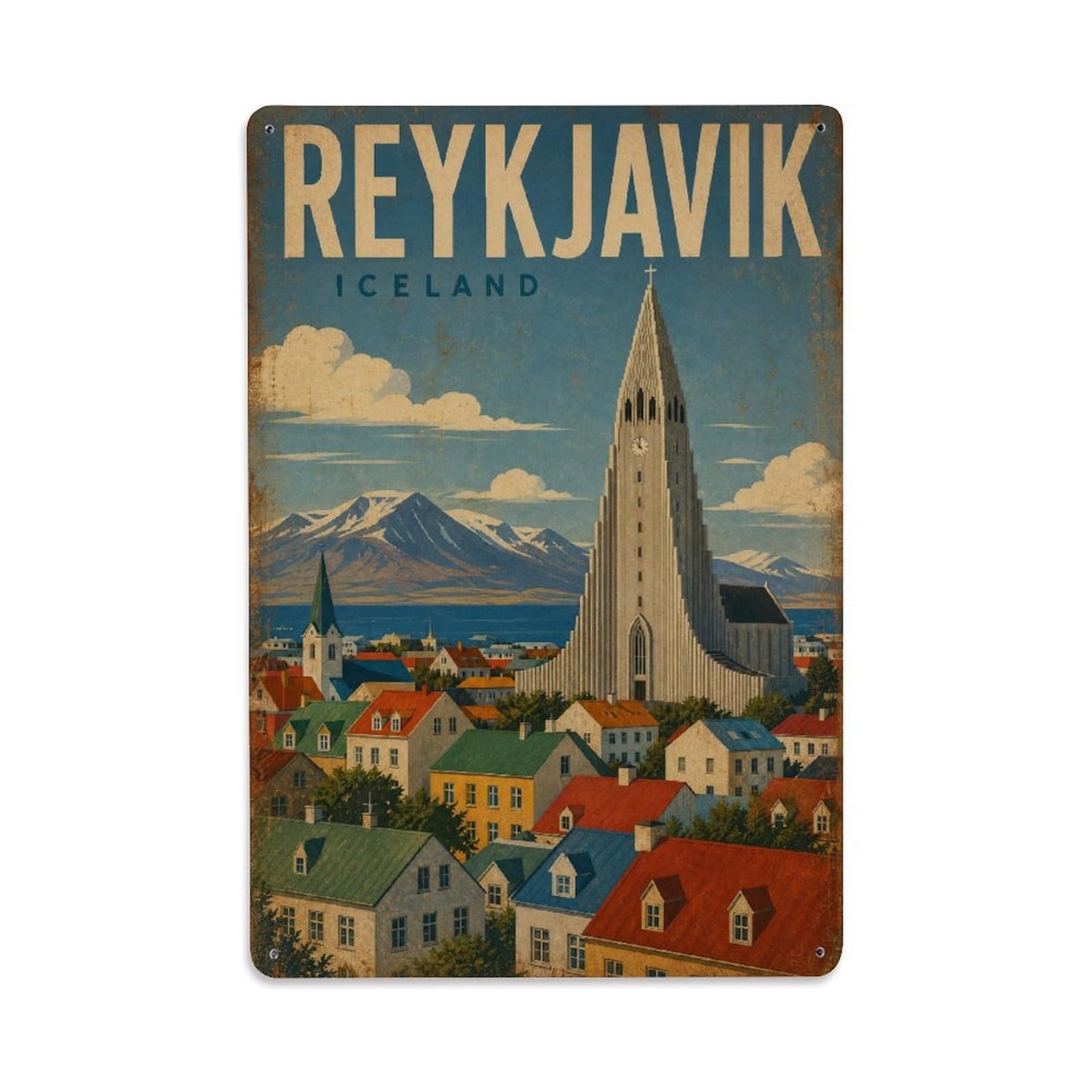 Retro Travel Iceland Reykjavik Metal Tin Sign