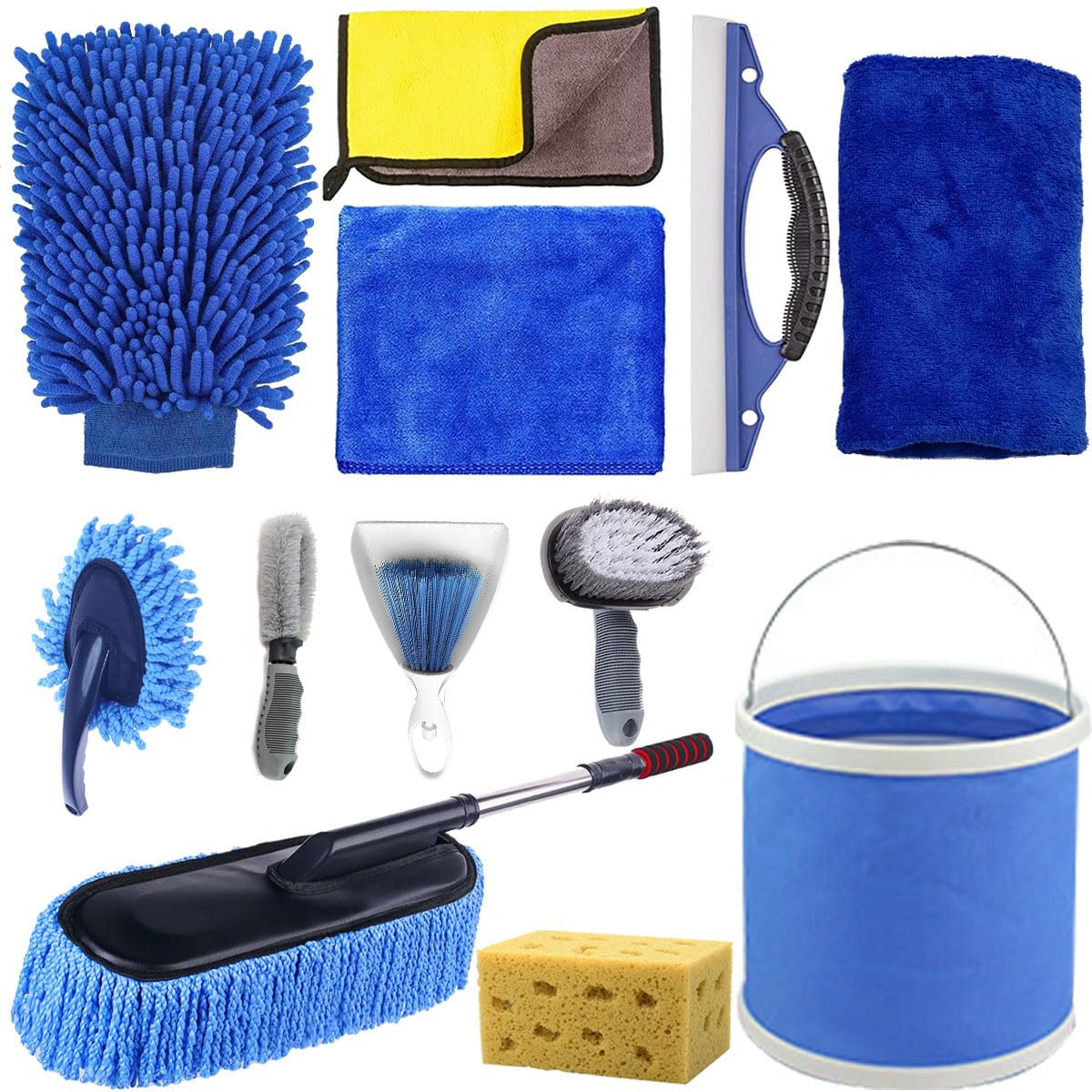 Car Wash Kit 13Pcs Auto Detailing Cleaning Set: Exterior Interior Car Care Kit with Bucket Towel Mitt Duster Window Scraper Tire Brush, Complete Car Cleaner & Wheel Cleaner Tools for Perfect Car Wash