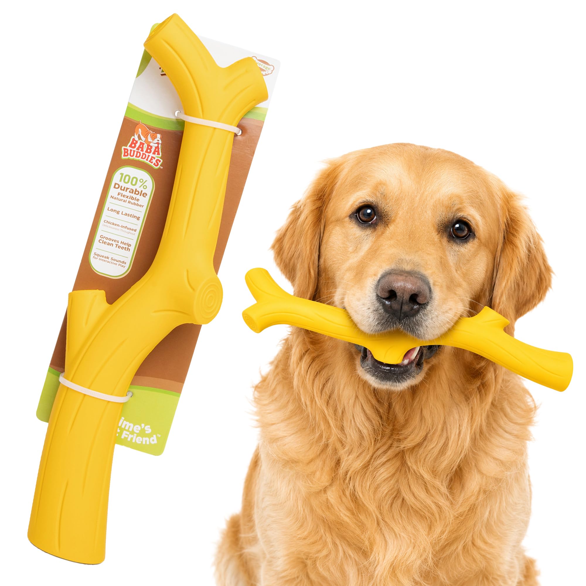 Baba Buddies Juguetes de goma natural para perros masticadores agresivos, juguete chirriante con sabor a pollo, forma de rama duradera, juguete interactivo para perros grandes y medianos, juguete