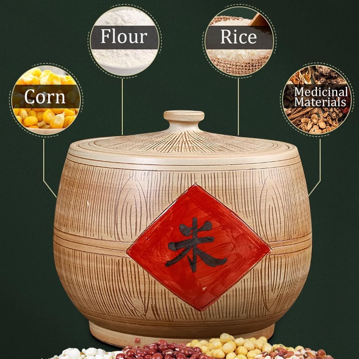 JKGHK Wood Color Rice Container, Chinese Ceramic Rice Bucket Rice Container, Rice Storage Container Cylinder with Lid, Storage Jars for Rice, Flour, Pet Food(15kg)