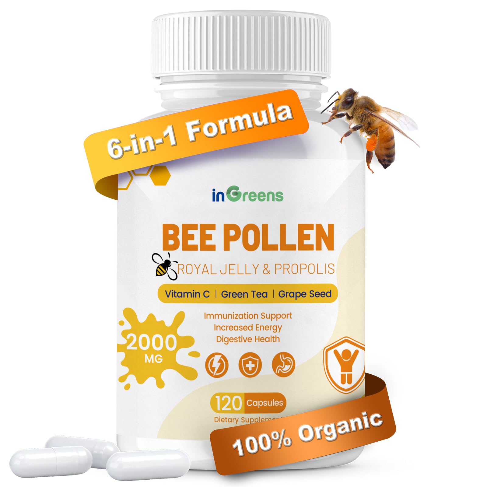 6-in-1 Bee Pollen Supplement, Bee Pollen for Women & Men, Immune & Energy Support, Non-GMO, Made in USA, 120 Capsules