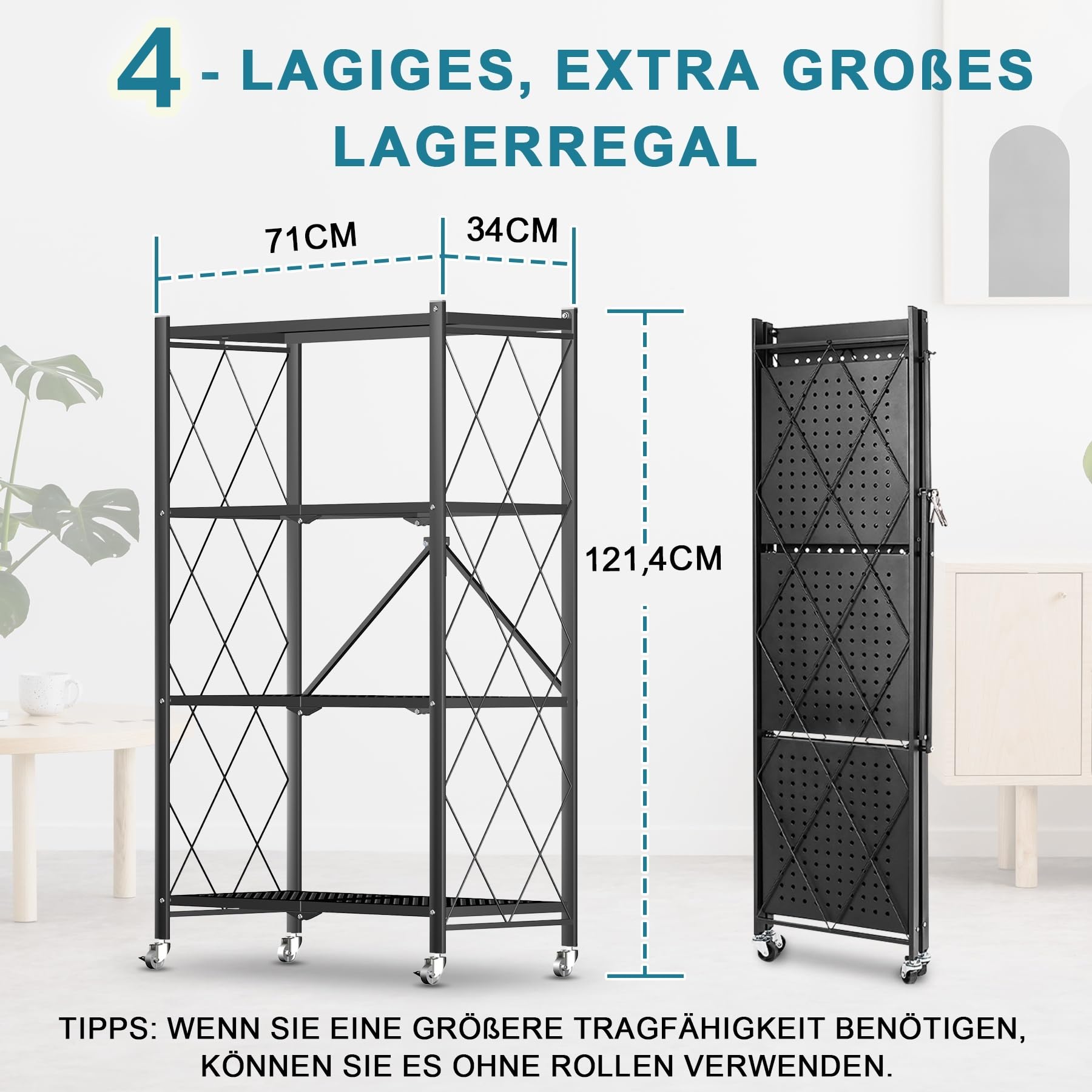 Klappbares Regal mit Rollen Küchenregal stehend 4 Etagen Standregal Metallregal Schwarz 71x34x121cm Klappbares Regal Lagerregal für die Küche Büro Wohnzimmer 1 Set