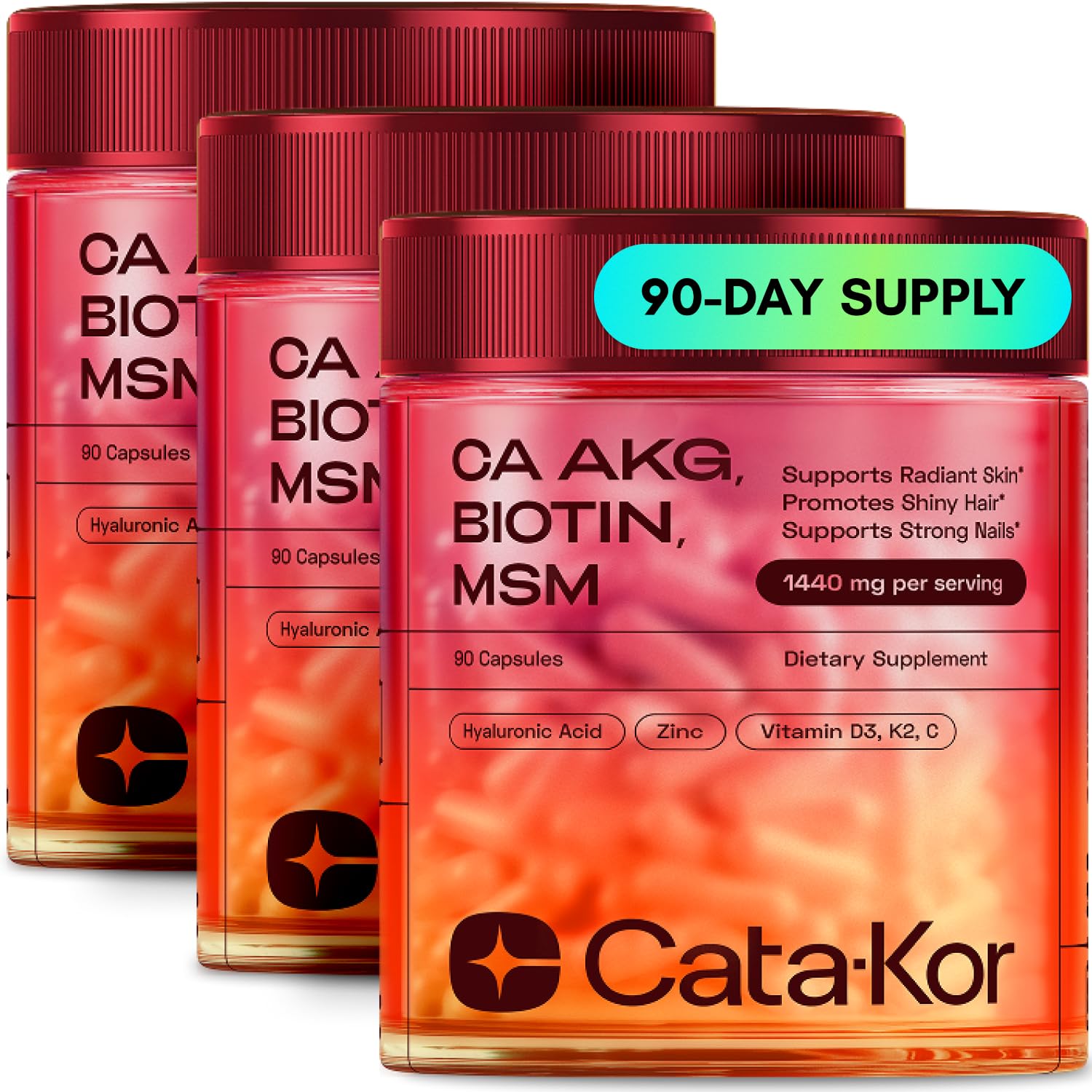 Cata-Kor Hair Skin and Nails Vitamins for Women – Biotin Hair Supplement | Hyaluronic Acid | Calcium AKG | MSM | Vitamin C & Vitamin D3 K2 – Hair Growth Vitamins – 270 Caps (3 Pack) 90 Count (Pack of 3)