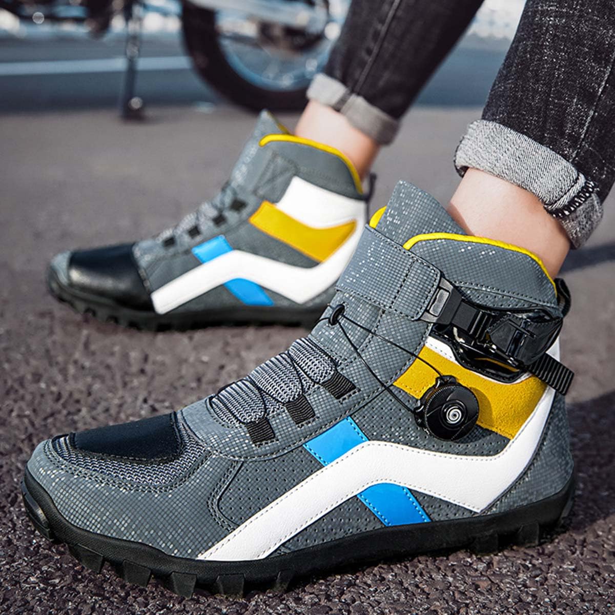 Stivali Moto in Pelle da Uomo, Stivale Touring Impermeabile, Suola in Gomma Piena Scarpe Protettivi da Motociclista Traspirante