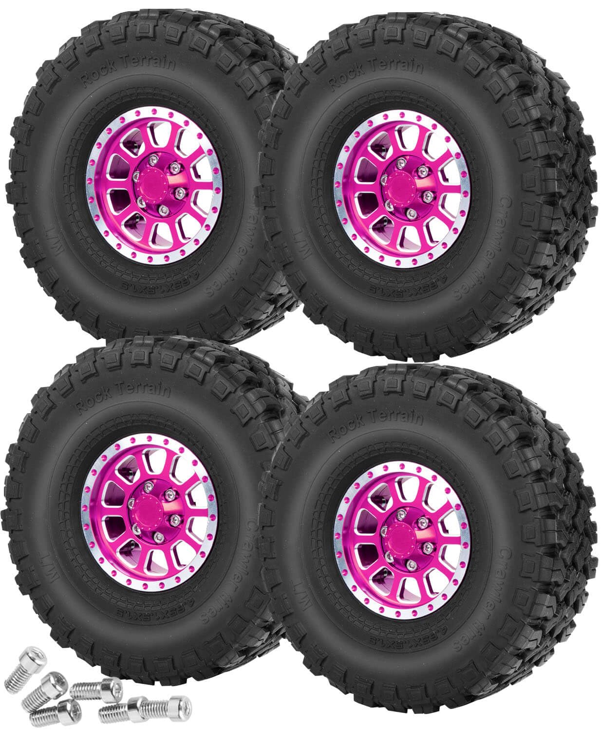 hopsupRC Aluminum 1.9in Tires Tyres & Aluminium 1.9in Beadlock Wheel Rim for 1/10 RC Crawler Car,Axia1 SCX10 II 90046 D90 TRX4.Aolly Wheel Rim 1.9inch Beadlock Wheel Hub Rim(4pcs Pink)