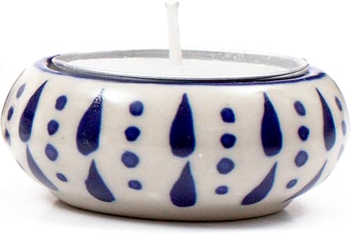 Miniatura 8 de ALPHA Living HOME - Juego de 6 portavelas de cerámica - Portavelas azules y blancos pintados a mano con velas de cera - Votivo decorativo para el