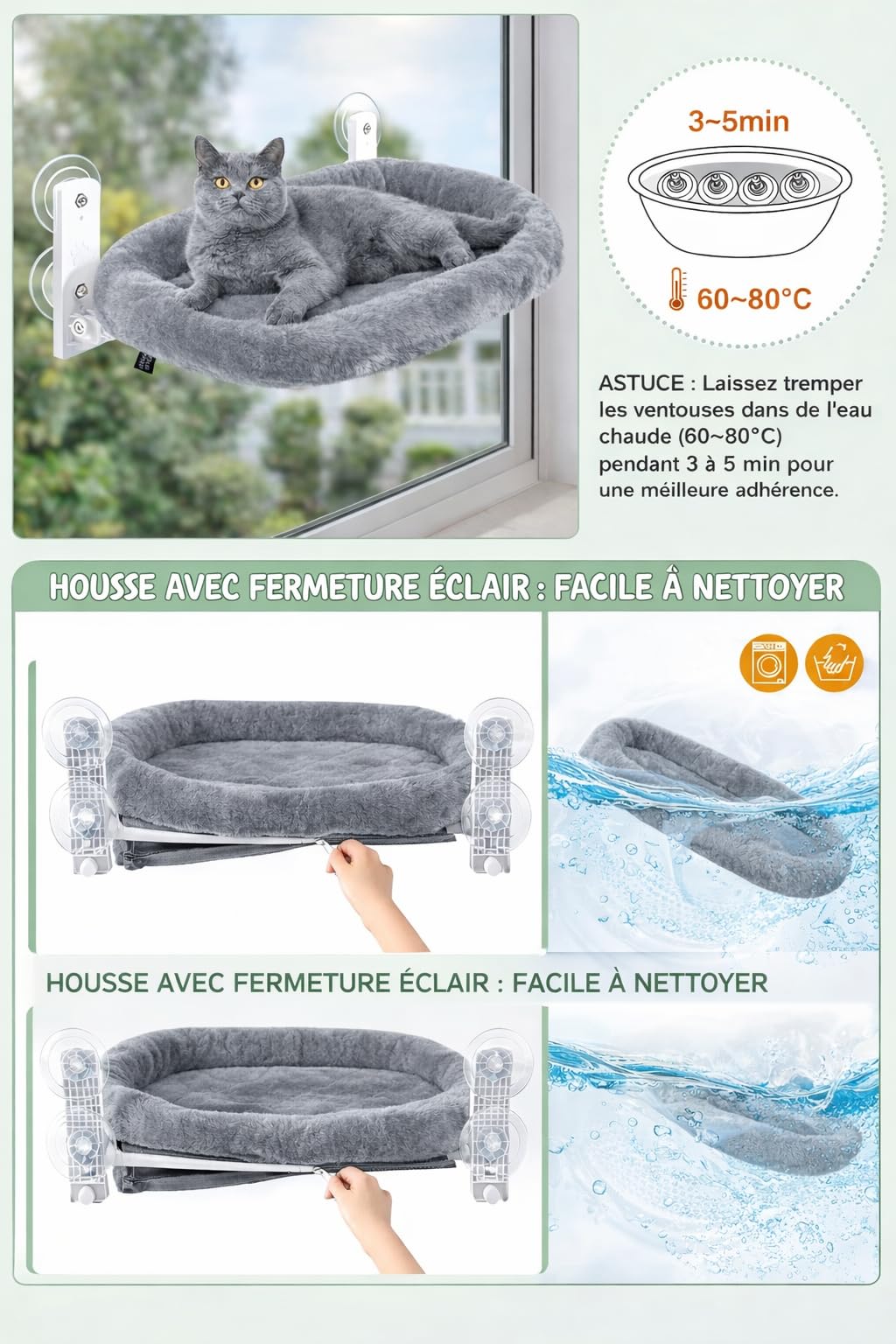 Hamac Chat Fenêtre avec Ventouses Renforcées – Lit Suspendu Réversible Été/Hiver – Perchoir Stable Jusqu’à 18 kg – Couchage Pliable en Hauteur – Taille L/XL – Blanc ou Gris (Gris, Large)