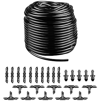 Gardrip Drip Irrigation Tubing: 100 Feet 1/4 Inch Drip Line Irrigation Hose with 25 Pieces Drip Irrigation Parts Blank Distribution Tubing Drip Irrigation Kit for Raised Garden Bed Yard Lawn
