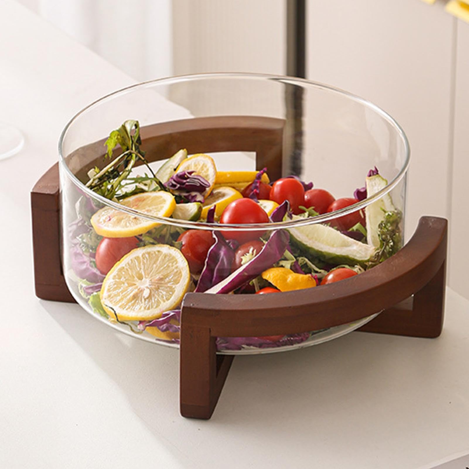 Grand Saladier en Verre Grand 1800 ml alimentaire avec Base en Bois | Bol Transparent Décoratif Pour Cuisine Familiale Dîner Buffet Pâtes Fruits Légumes Desserts Snacks