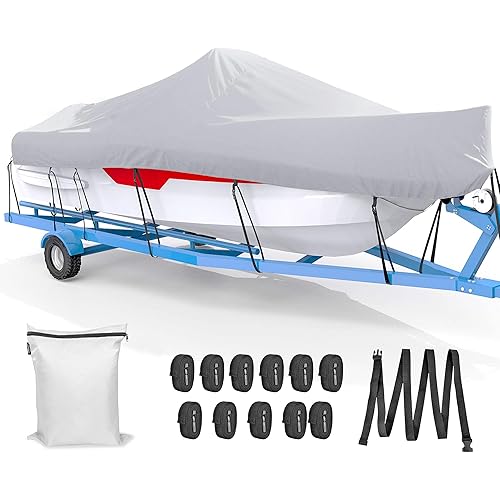 Boat Cover 17-19ft, Bass Boat Cover Waterproof Trailerable Cover, UV Resistant Marine Grade Outboard Cover, Fits Bayliner Tri-Hull V-Hull Fishing Runabout Jon Boat(Gray)